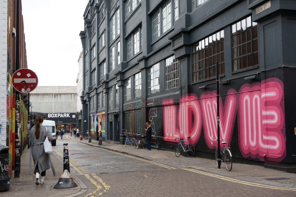 A London inner street showing Boxpark