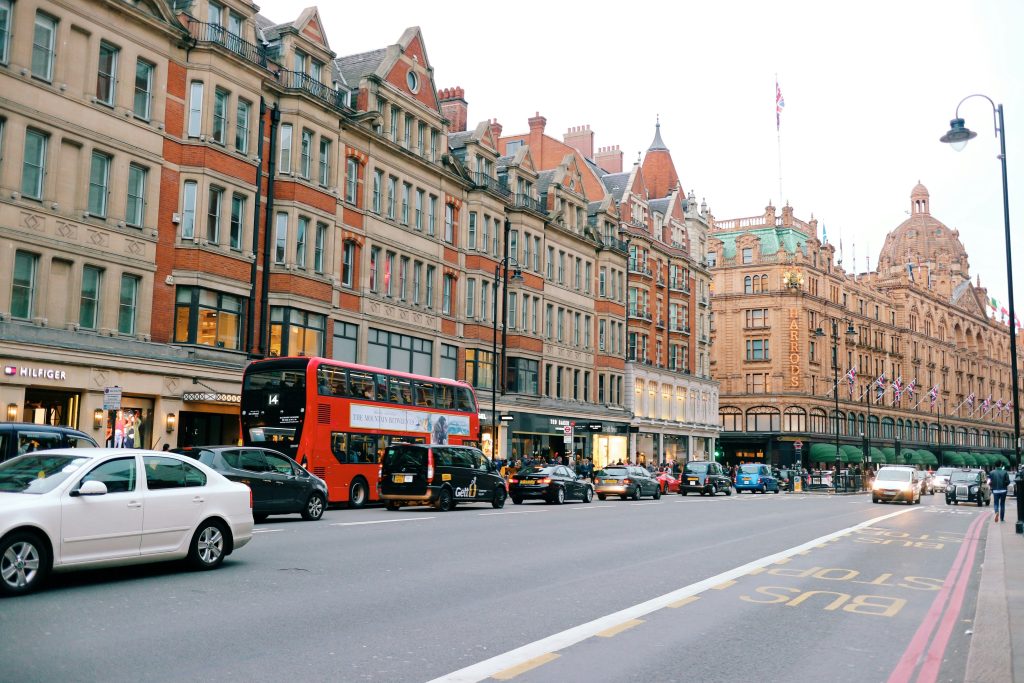 A busy London street near Harrods in Kensington
