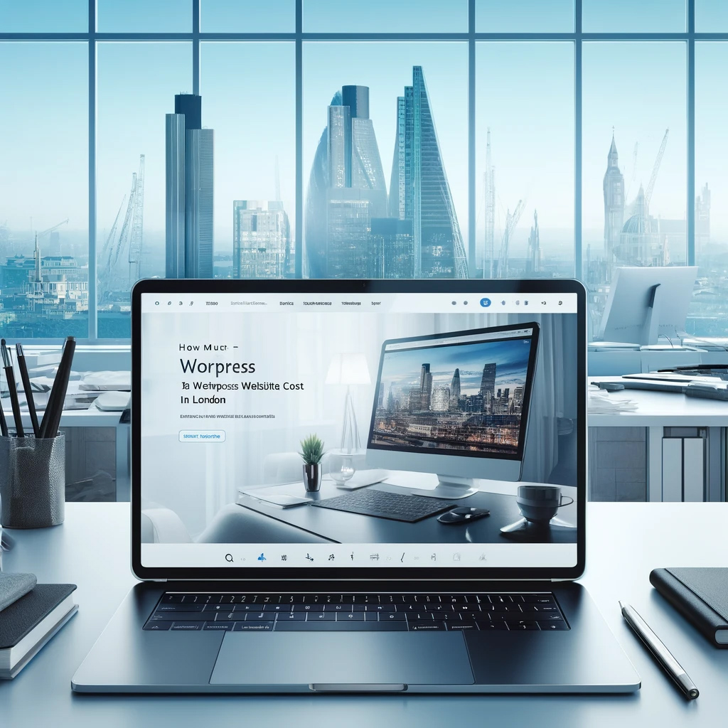 A laptop displaying a WordPress dashboard with a website mockup, set against a backdrop of the London skyline. The image includes the title 'How Much Does a WordPress Website Cost in London?' in bold typography, conveying a professional and modern web design theme.