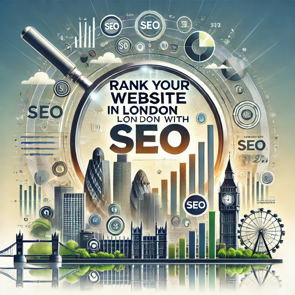 A professional graphic featuring the London skyline blended with SEO icons like a magnifying glass, bar graphs, and a globe, symbolizing search engine optimisation. The title 'Rank Your Website in London with SEO' is displayed in bold, modern typography, with a clean and engaging design in shades of blue, green, and white.