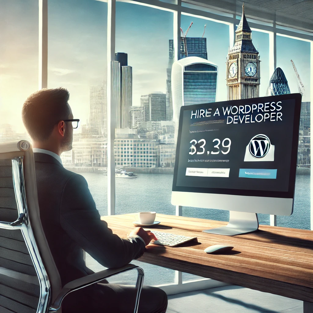 Business owner in a modern London office reviewing WordPress developer pricing on their computer, with the London skyline visible through the window.