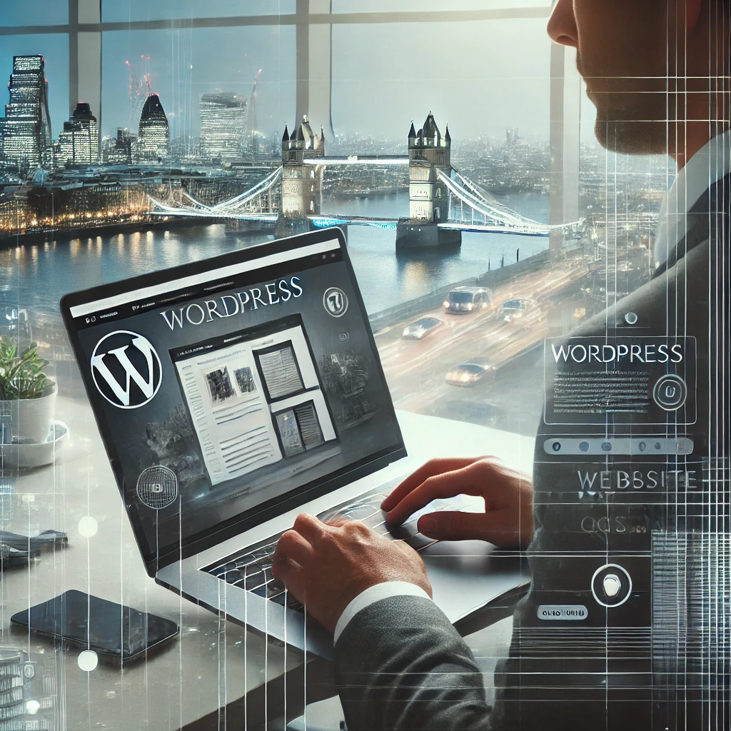 WordPress developer working on a laptop with website in progress and London skyline in the background, symbolizing web development in London