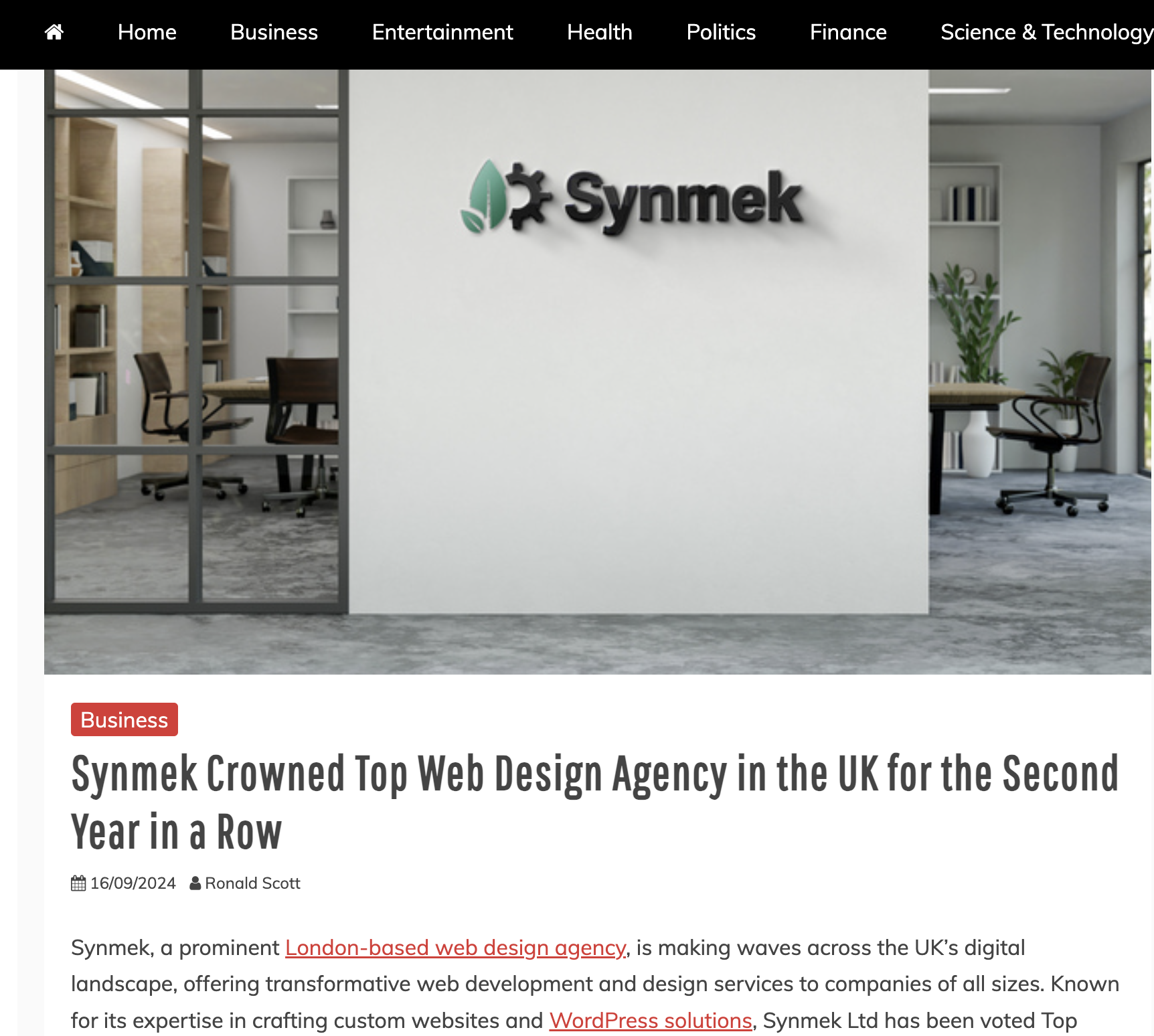 NewsToday: Synmek Crowned Top Web Design Agency in the UK for the Second Year in a Row