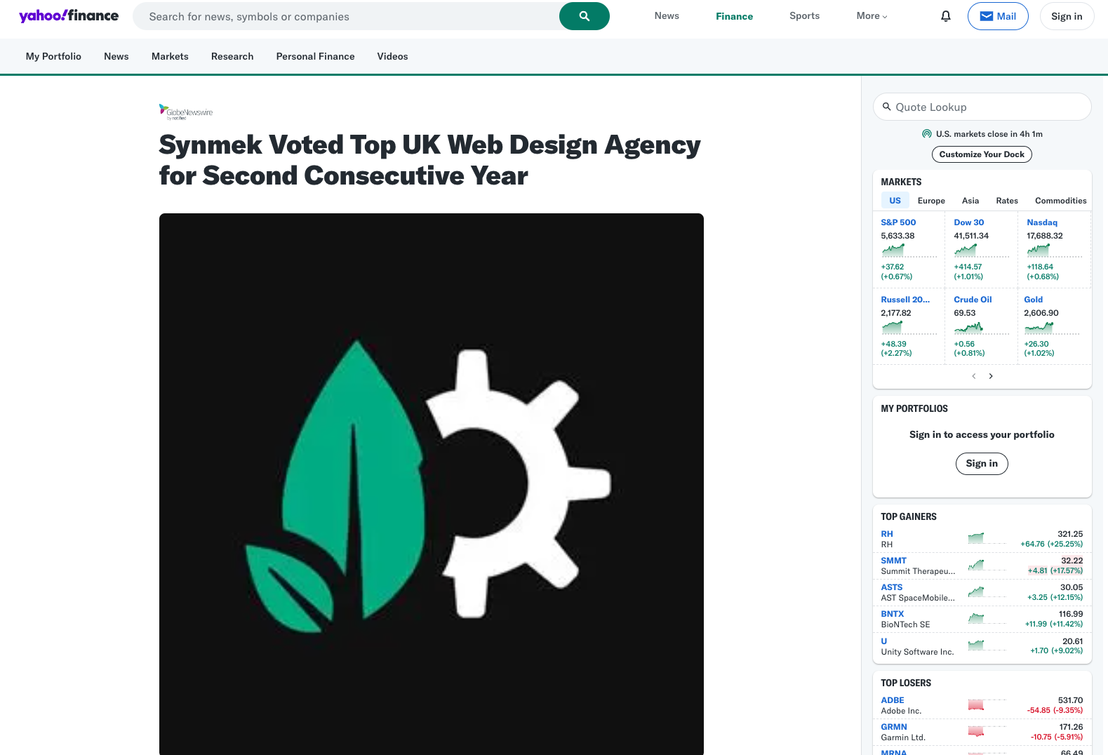 PRESS: Synmek Voted Top UK Web Design Agency for Second Consecutive Year – Yahoo! Finance