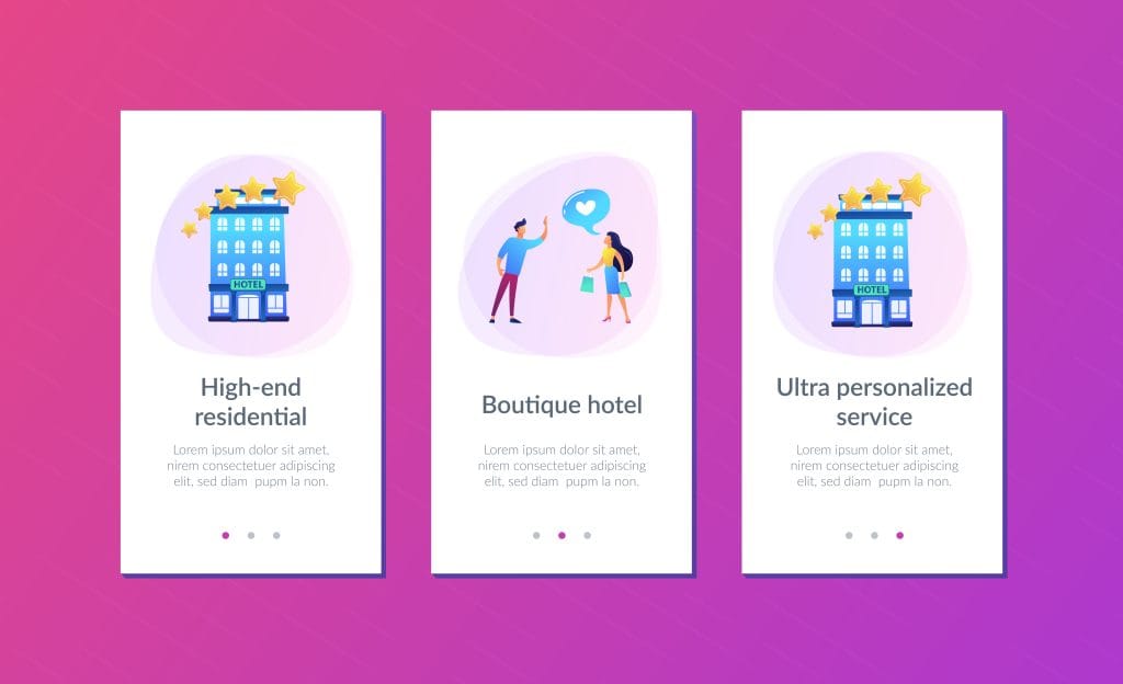 Business people with rating stars like the stylish boutique hotel. Boutique hotel, ultra-personalized service, high-end residential concept. Mobile UI UX GUI template, app interface wireframe