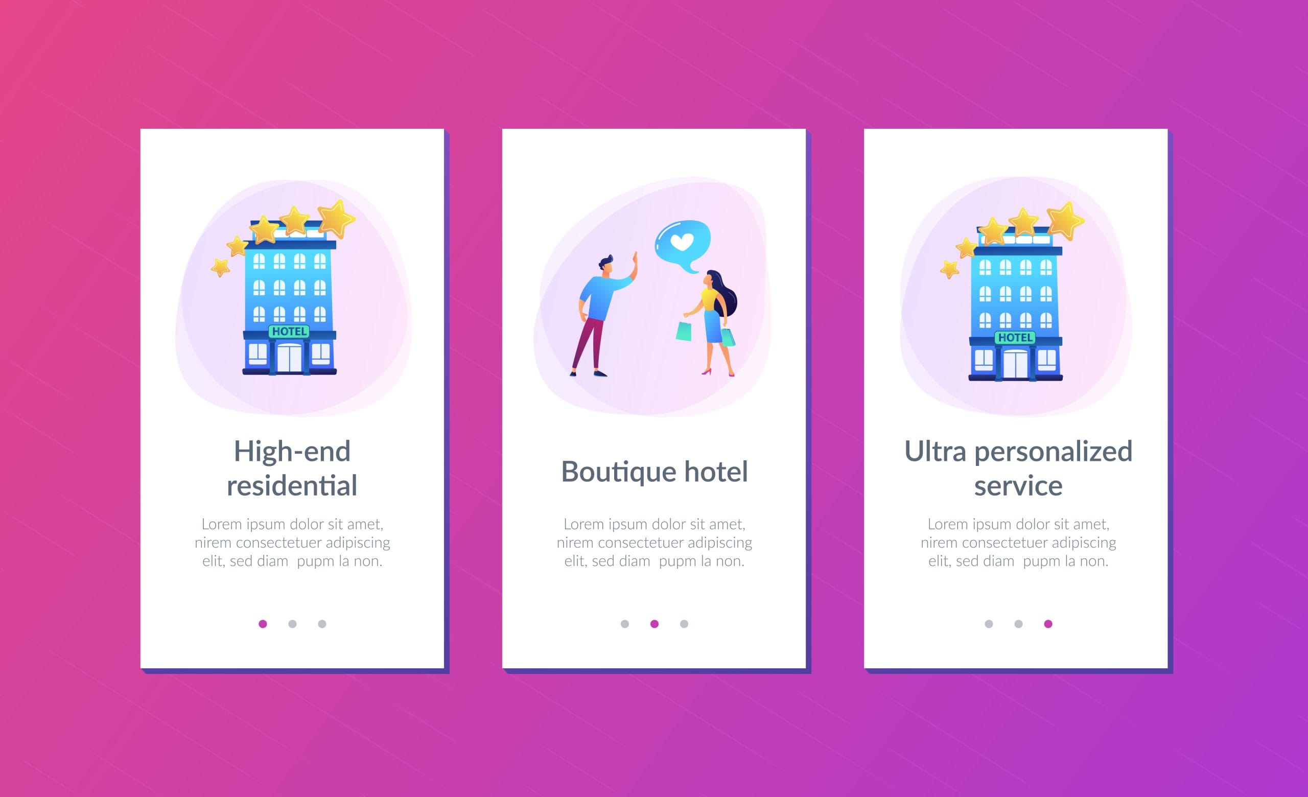 Business people with rating stars like the stylish boutique hotel. Boutique hotel, ultra-personalized service, high-end residential concept. Mobile UI UX GUI template, app interface wireframe