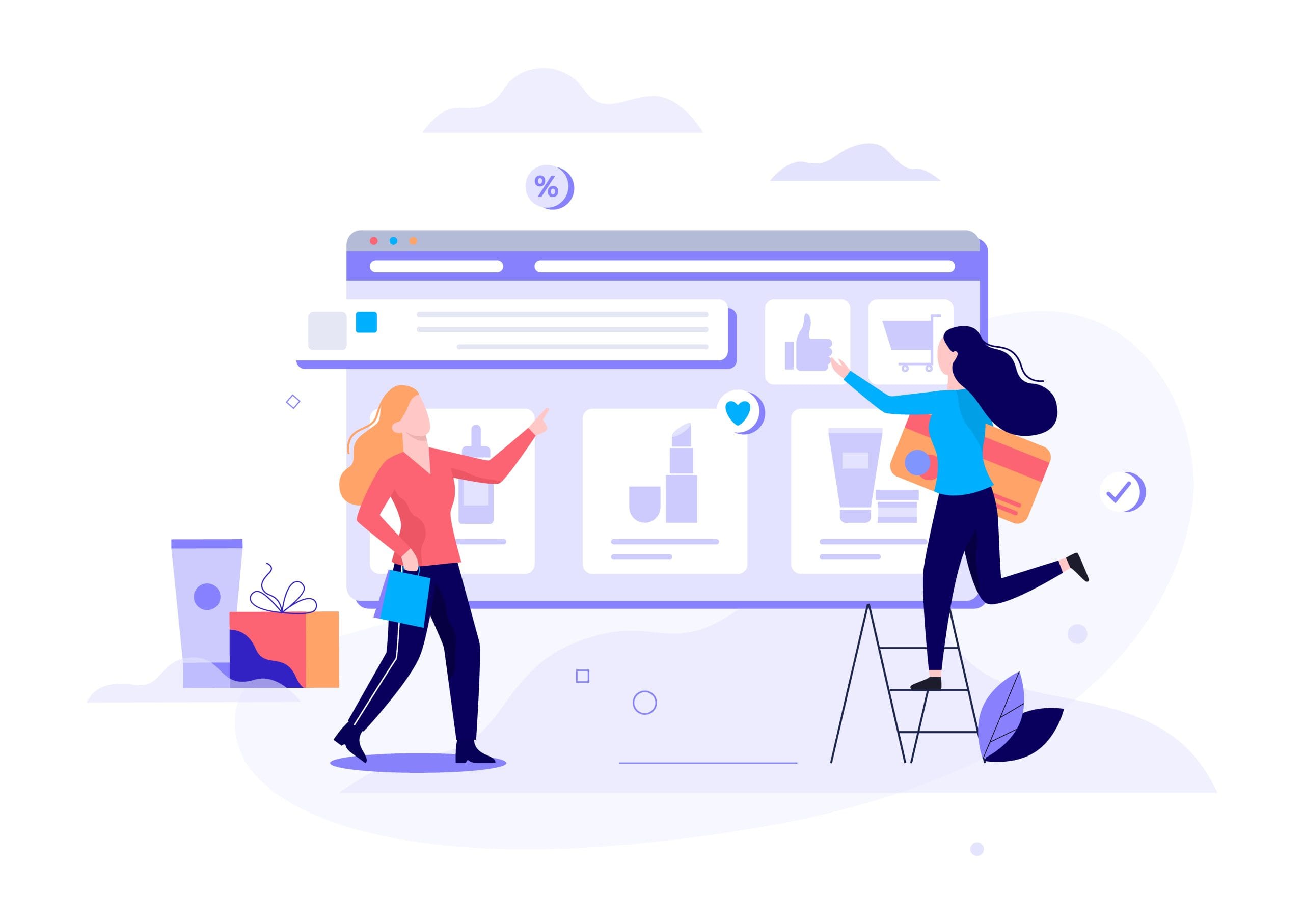 Online shopping web banner concept. E-commerce, customer on the sale. App on mobile phone. Cosmetics store. Isolated vector illustration in flat style