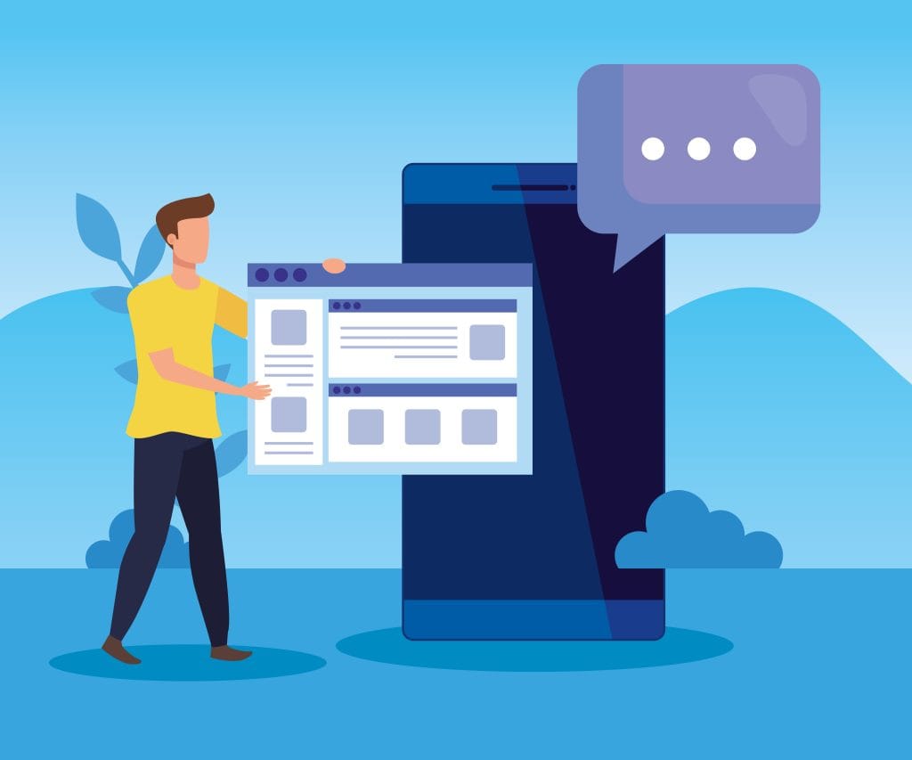 man with website and smartphone with chat bubble to business strategy, vector illustration
