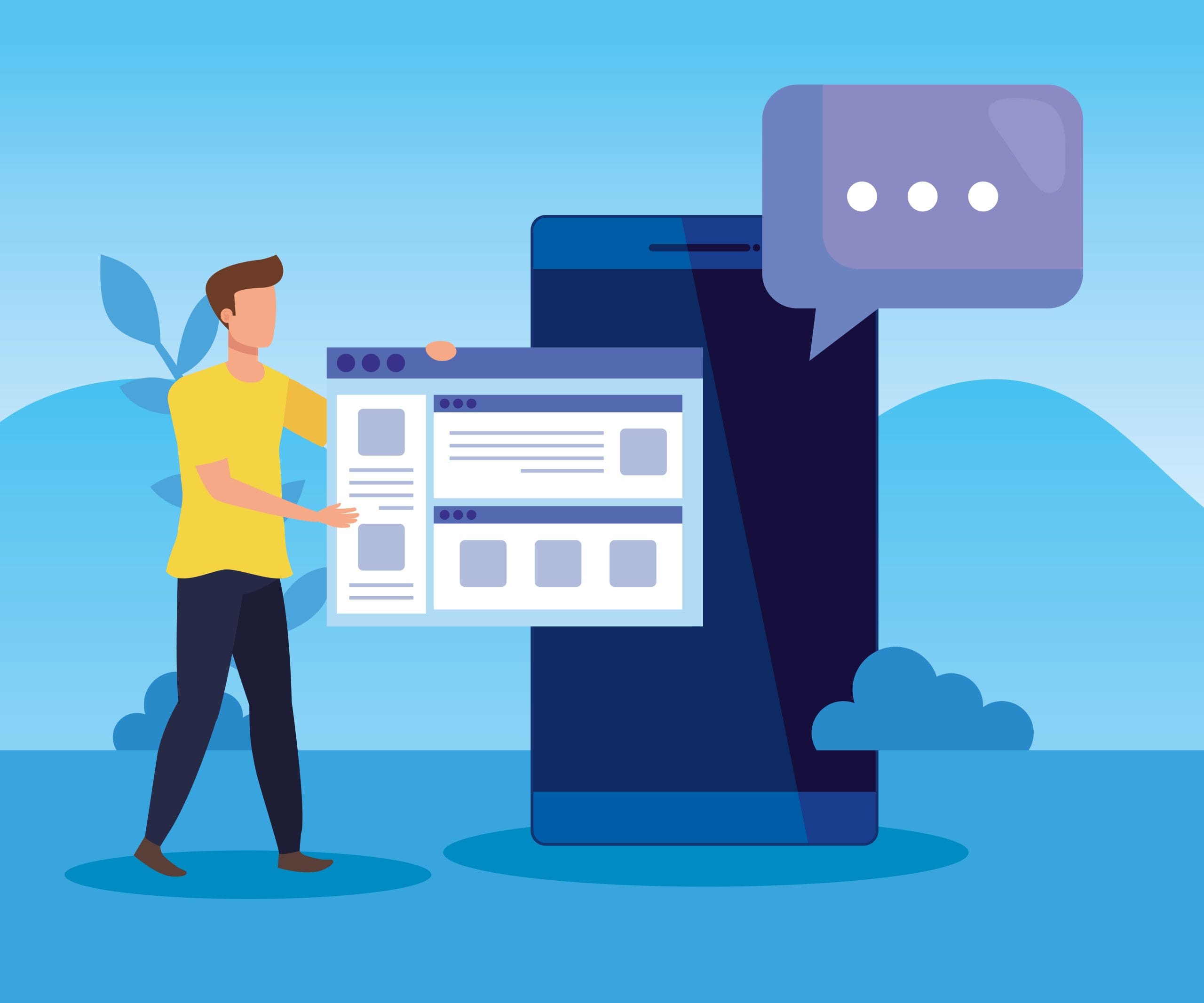 man with website and smartphone with chat bubble to business strategy, vector illustration