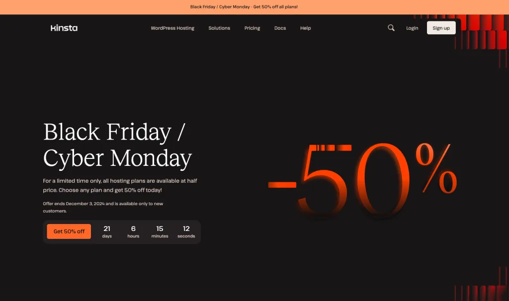 Kinsta WordPress Hosting Company Website Screenshot on Black Friday or Cyber Monday