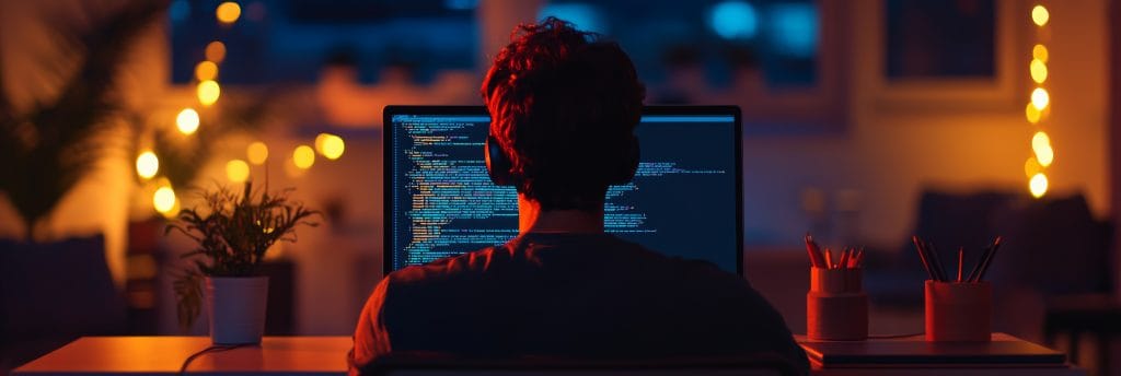 Back view of a software developer coding on a monitor in a cozy home office with soft lighting. Focused programming environment.
