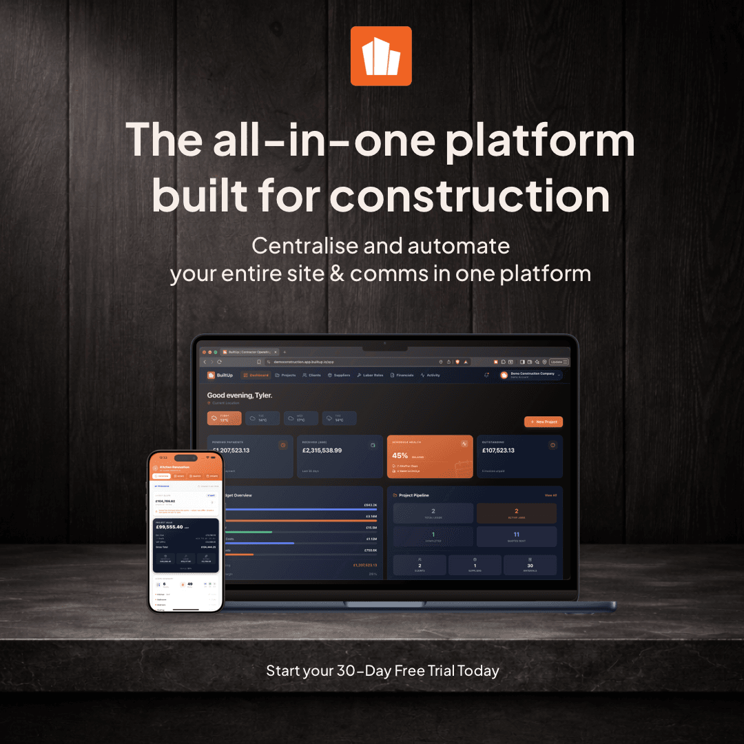 All in one construction project management platform for builders, contractors, quantity surveyors, plumbers, landscapers, electricians, roofers, joiners, carpenters and more.