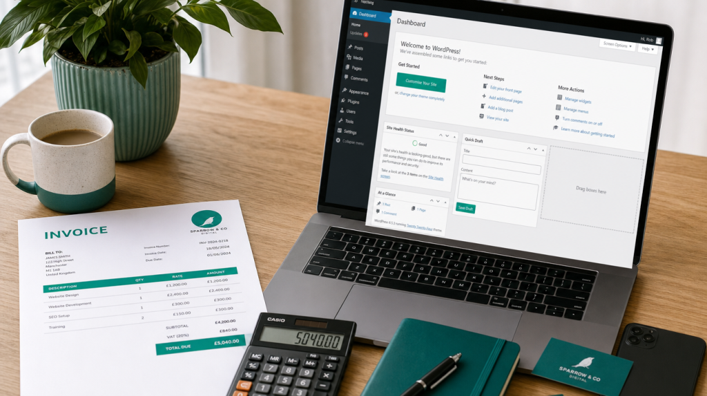 WordPress developer rates UK 2026, invoice and laptop with WordPress dashboard