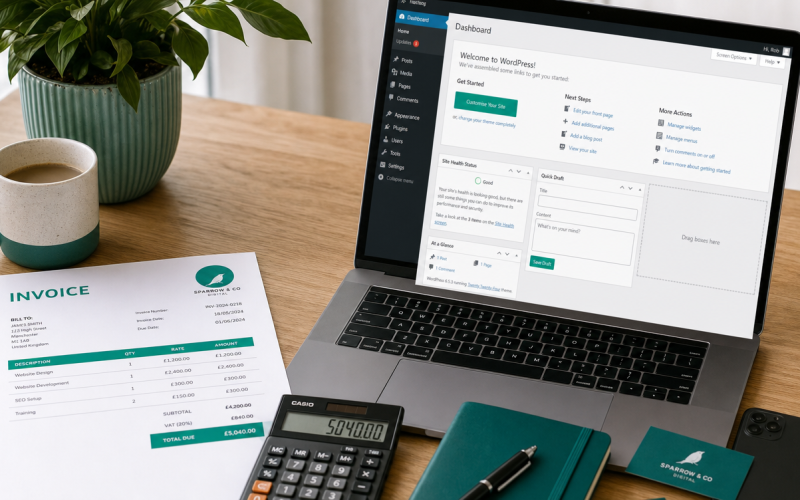 WordPress developer rates UK 2026, invoice and laptop with WordPress dashboard